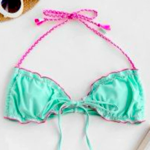 BIKINI TOP - HALTER STYLE  AQUA/HOT PINK LETTUCE TRIM STRING - Picture 2 of 5